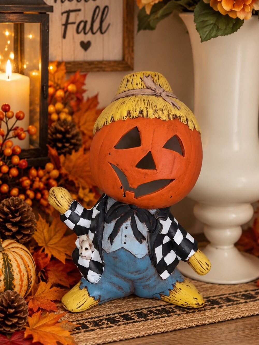 Whimsical, Hand Painted, Checked,  Orange Pumpkin Jack-o'-Lantern Figurine!